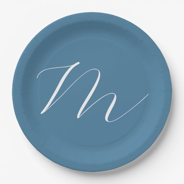 Monogram Solid Blue Pastel Minimalist Professional Paper Plate (Front)