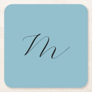 Monogram Solid Blue Pastel Minimalist Professional Square Paper Coaster