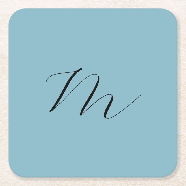 Monogram Solid Blue Pastel Minimalist Professional Square Paper Coaster (Front)