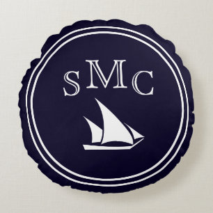 MONOGRAM Solid dark blue  White Sailboat Round Cushion