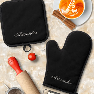 Monogram Solid Plain Black template White Script Oven Mitt & Pot Holder Set