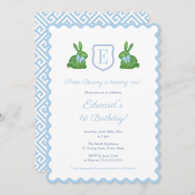 Monogram Some Bunny Is One Boy 1st Birthday Party Invitation (Front/Back)