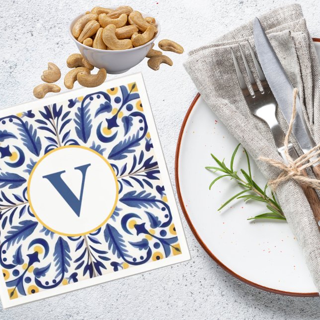 Monogram Spanish Blue Flower Yellow Lemons Napkin (Creator Uploaded)