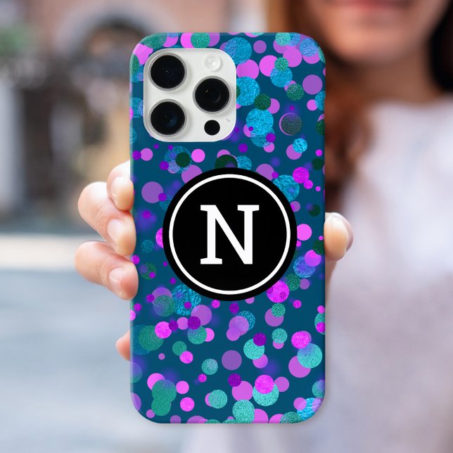 Monogram sparkle blue purple confetti dots on teal Case-Mate iPhone case (Creator Uploaded)