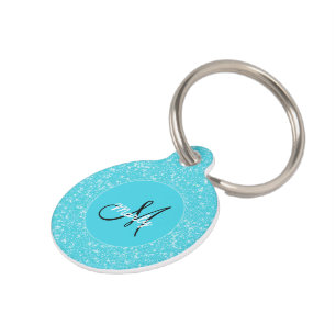 Monogram Sparkle Glitter Teal White Elegant Girly Pet Tag