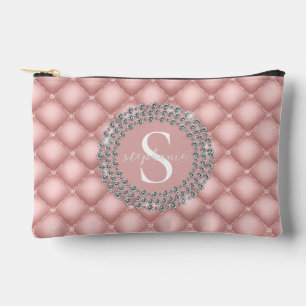 Monogram Sparkly Diamonds Tufted Custom Blush Pink Accessory Pouch