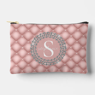 Monogram Sparkly Diamonds Tufted Custom Blush Pink Accessory Pouch
