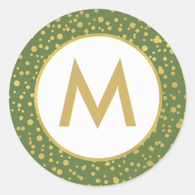 Monogram Sparkly Gold, Green & White Christmas Classic Round Sticker (Front)