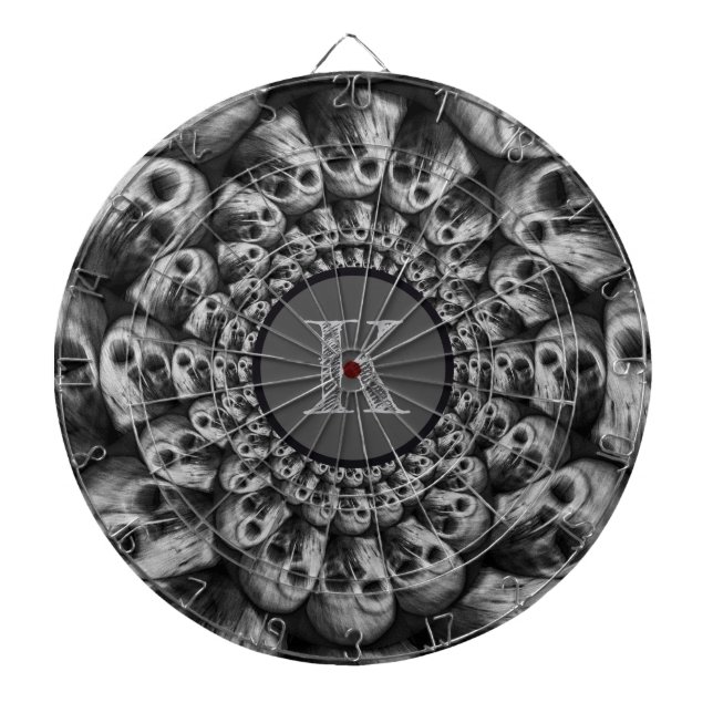 Monogram Spooky Skulls Abstract Black And White Dartboard (Front)