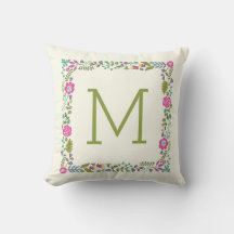 Monogram spring floral border modern aqua, pink