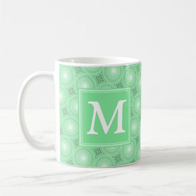 Monogram spring green circles pattern coffee mug (Left)
