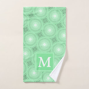 Monogram spring green circles pattern hand towel