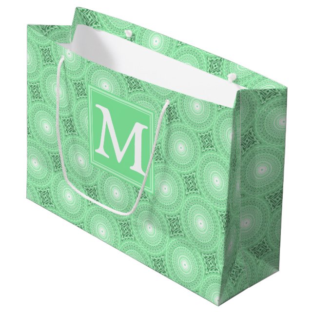 Monogram spring green circles pattern large gift bag (Front Angled)