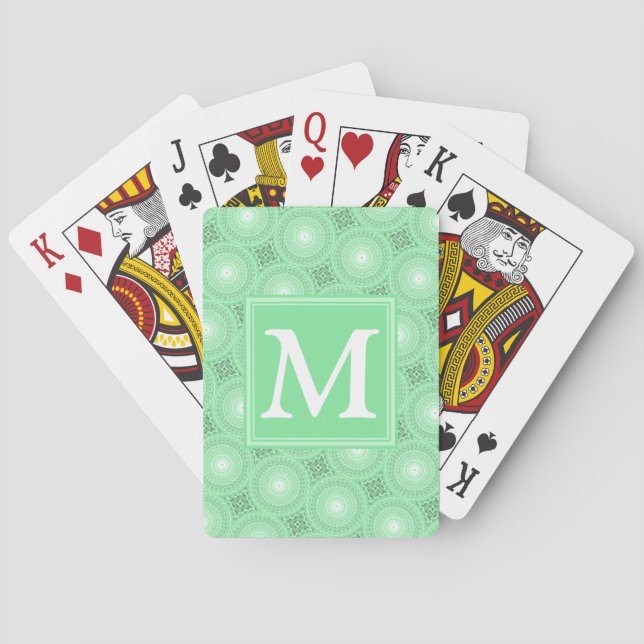 Monogram spring green circles pattern playing cards (Back)