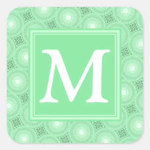 Monogram spring green circles pattern square sticker