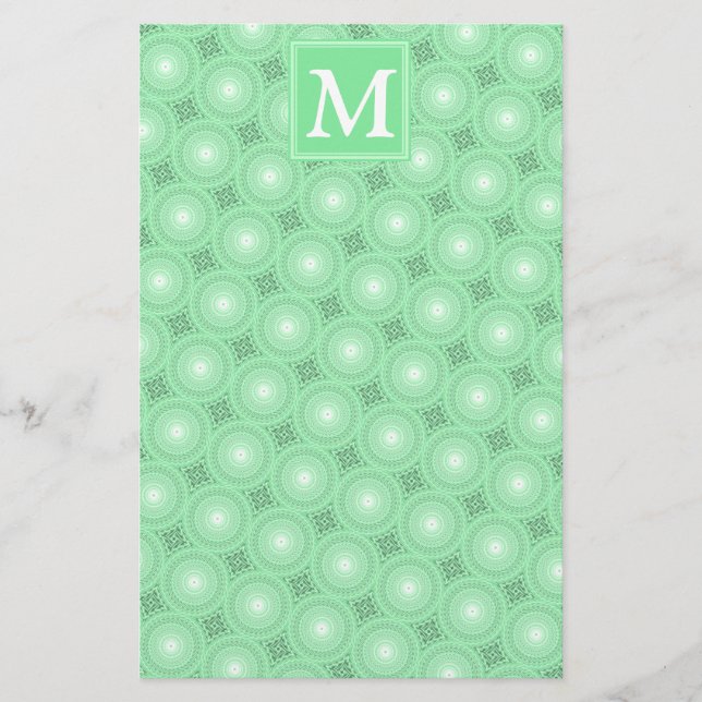 Monogram spring green circles pattern stationery (Front)