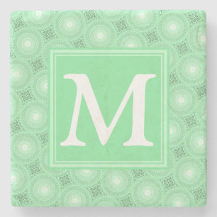 Monogram spring green circles pattern stone coaster