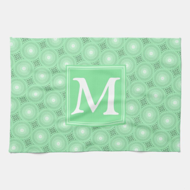 Monogram spring green circles pattern tea towel (Horizontal)