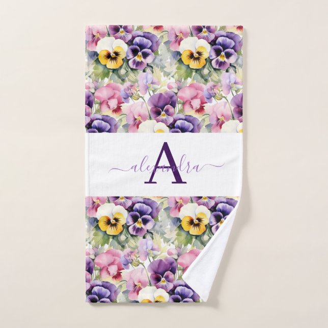 Monogram Spring Pansy Pansies Towel Set (Hand Towel)