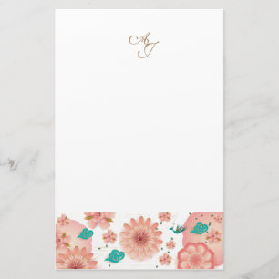 Monogram Spring Peach Flowers Garden Decor Custom Stationery