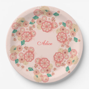 Monogram Spring Peach Flowers Garden Floral Boho Paper Plate