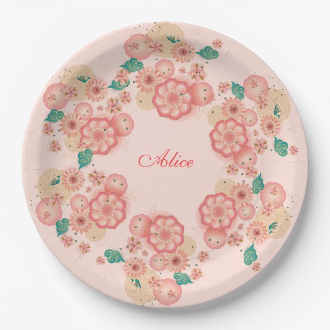 Monogram Spring Peach Flowers Garden Floral Boho Paper Plate (Front)