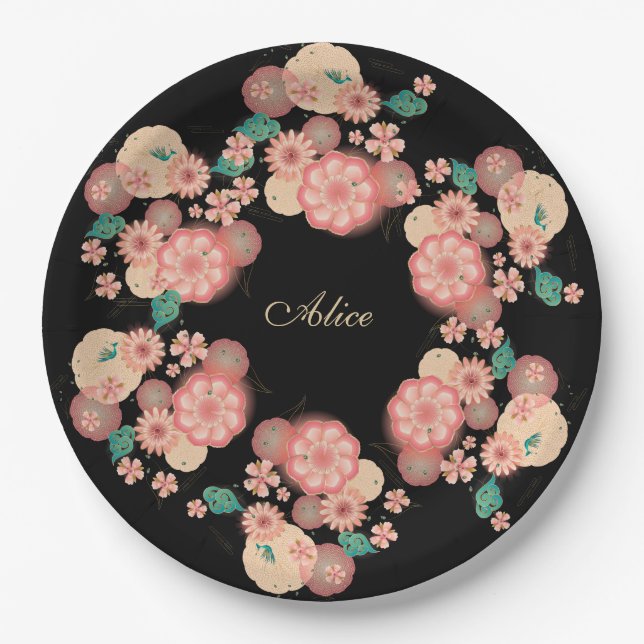 Monogram Spring Peach Flowers Garden Floral Boho Paper Plate (Front)