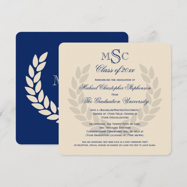 Monogram Square Classic Blue College Graduation In Invitation (Front/Back)