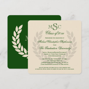 Monogram Square Classic Green College Graduation Invitation