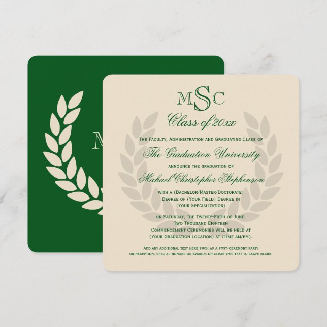 Monogram Square Classic Green College Graduation Invitation (Front/Back)