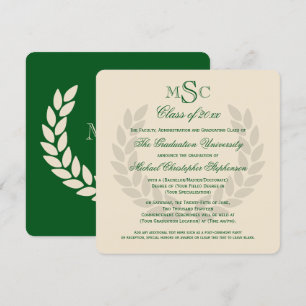 Monogram Square Classic Green College Graduation Invitation
