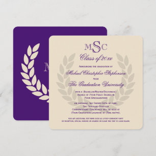 Monogram Square Classic Purple College Graduation Invitation