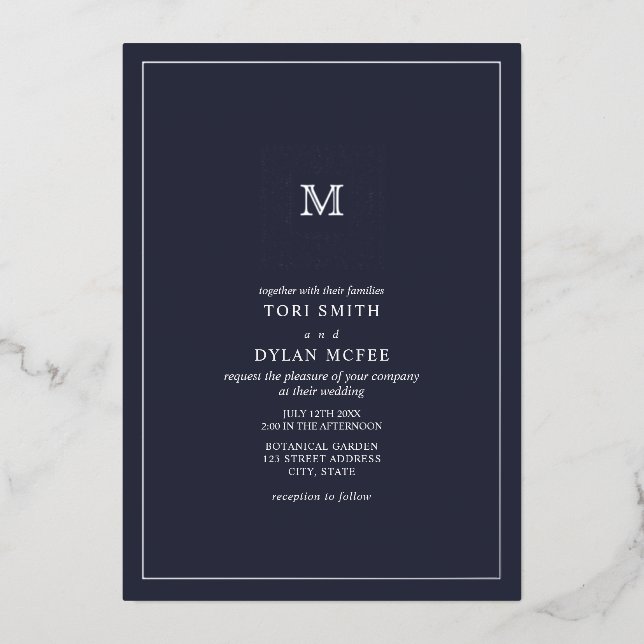 Monogram Square Dark Blue Wedding Foil Invitation (Front)