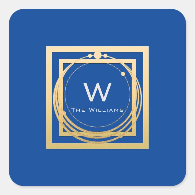 Monogram Square Gold Geometry Royal Blue Sticker (Front)