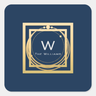 Monogram Square Golden  Frame Minimal Blue Sticker