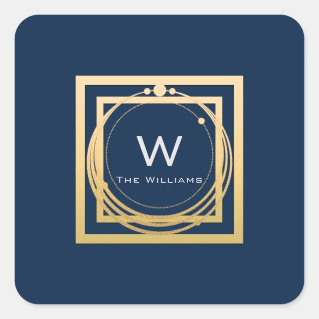 Monogram Square Golden  Frame Minimal Blue Sticker (Front)