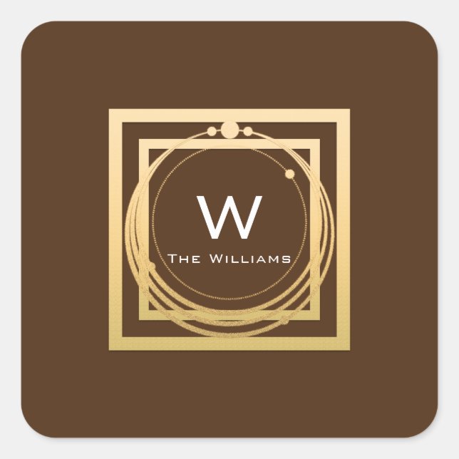 Monogram Square Golden  Frame Minimal Brown Sticker (Front)
