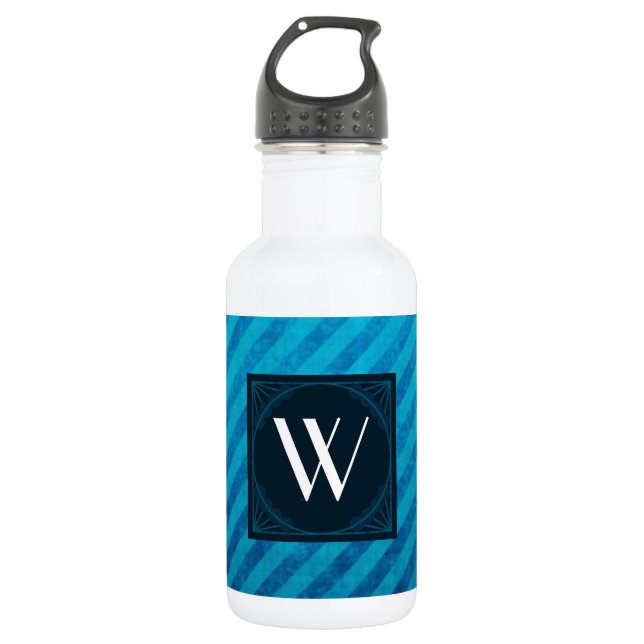 Monogram Square on Blue Diagonal Stripes 532 Ml Water Bottle (Front)