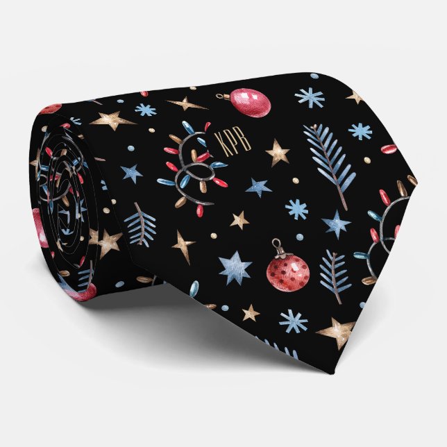 Monogram, Stars Ornaments Holiday Lights Black Tie (Rolled)
