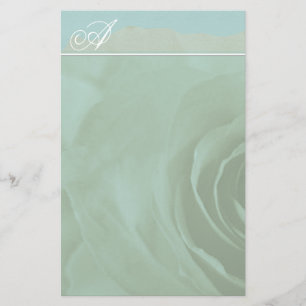 Monogram Stationery Faded Rose On Aqua Blue