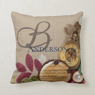 Monogram Steampunk Clock and Flowers Cushion