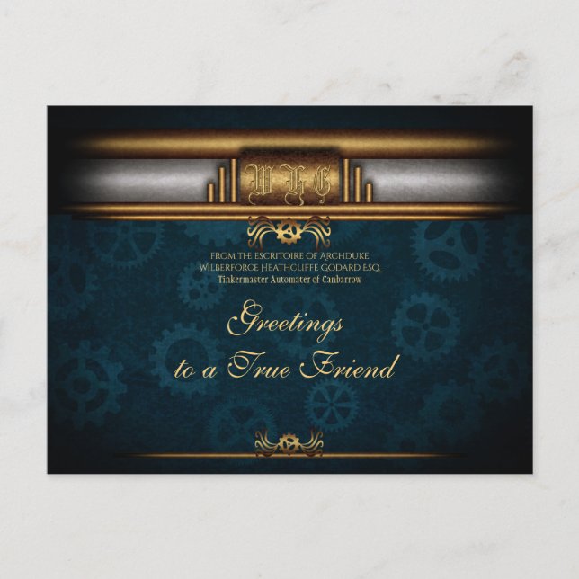 Monogram Steampunked Deco, brass and deep blue Postcard (Front)