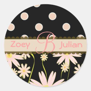 Monogram stickers pink wildflowers and polka dots