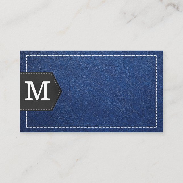 Monogram | Stitched Blue Leather and Patch Business Card (Front)