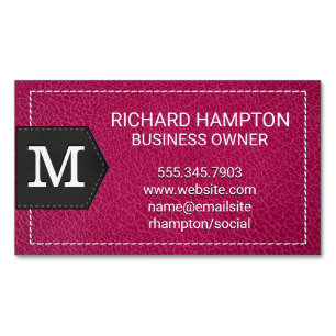 Monogram   Stitched Pink Leather and Patch Magnetic Business Card