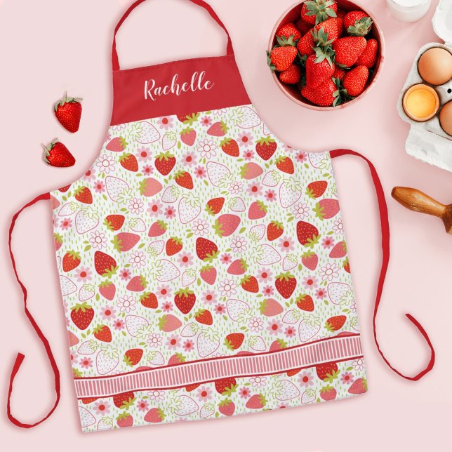 Monogram Strawberry Pattern Apron (A cute strawberry pattern decorates this apron, so fun to wear when baking.)