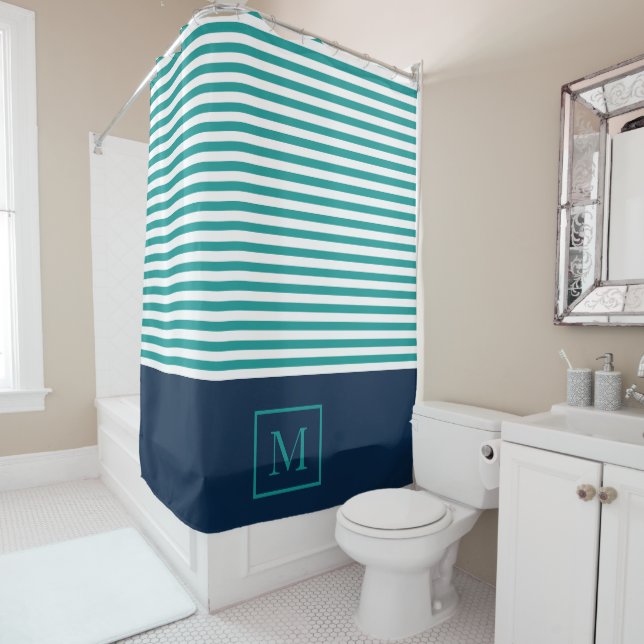 Monogram Stripe Shower Curtain - Aqua/Navy Blue (In Situ)