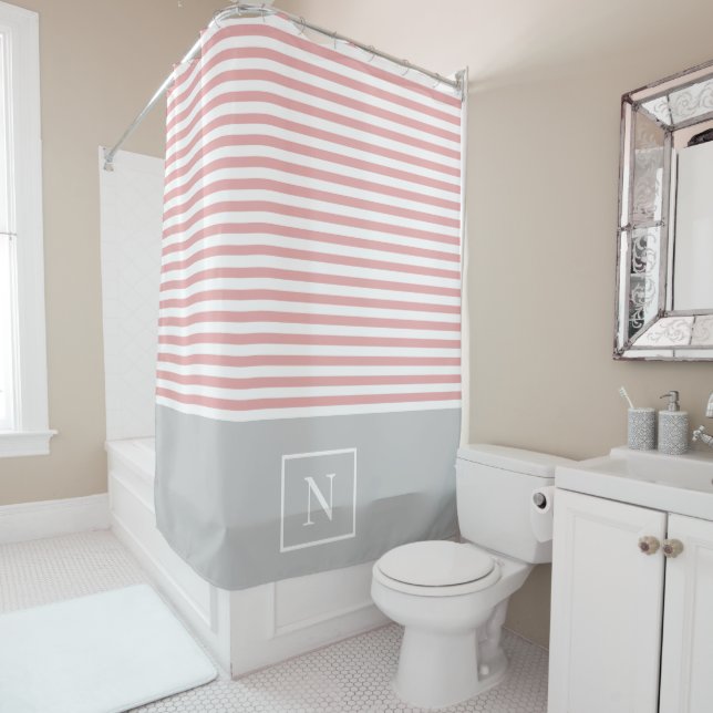 Monogram Stripe Shower Curtain - Blush Pink/Grey (In Situ)