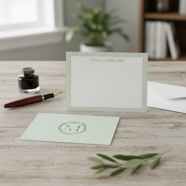 Monogram Striped Pastel Green Note Card  (Creator Uploaded)
