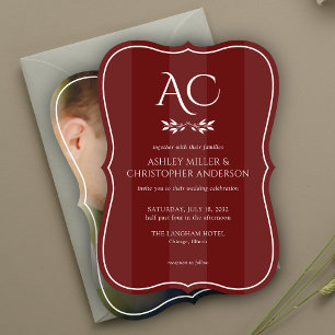 Monogram Striped Rosewood Red Photo Wedding Invitation